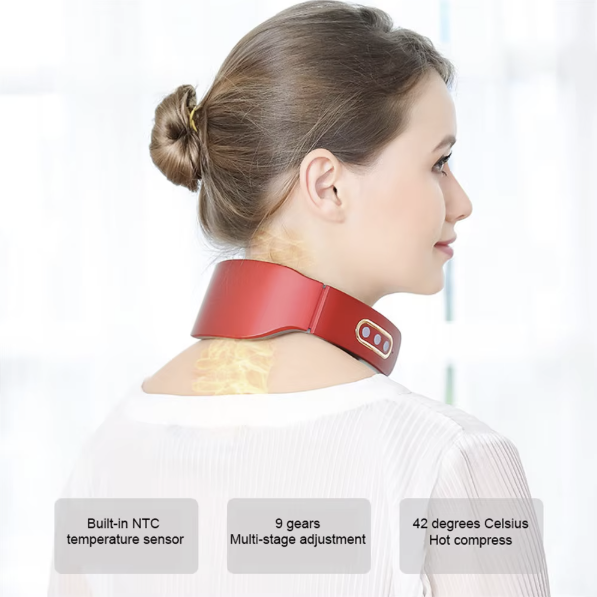 4 Head Neck Massager Heat Compresssion Therapy: Built-in NTC temperature sensor to 42 degress celsius hot compress, 9 intensity stregth massage adjustment