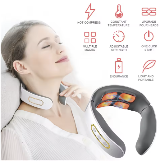 Features of 4 head neck massager, hot compress, constant temeprature, upgraded 4 heads, 6 multiple modes, adjustable strength, easy one click start, endurance, light weight portable