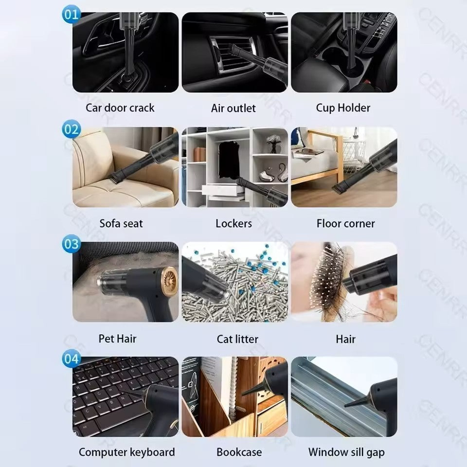 Use conditions: car door crack, air outlet, cup holder, sofa seat, lockers, floow corner, pet hair, cat litter, hair, computer eyboard, bookcase, window sill gap